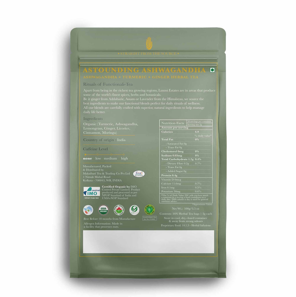 Aswagandha Turmeric | 50 Tea Bags | Organic Herbal Tea - Luxmi Estates