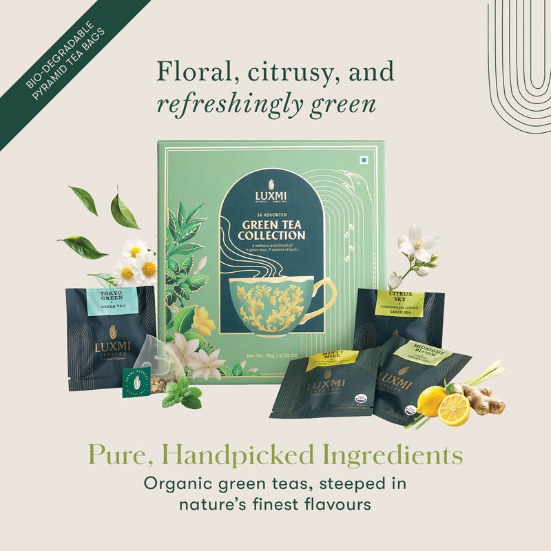 Green Tea Collection | 36 Green Tea Bags- 4 Flavours, 9 Tea Bags Each