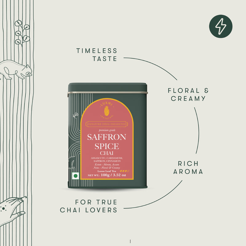 Saffron Spice Chai | 100 gm | Luxmi Signature Tea | Assam CTC, Cardamom, Saffron, Cinnamon