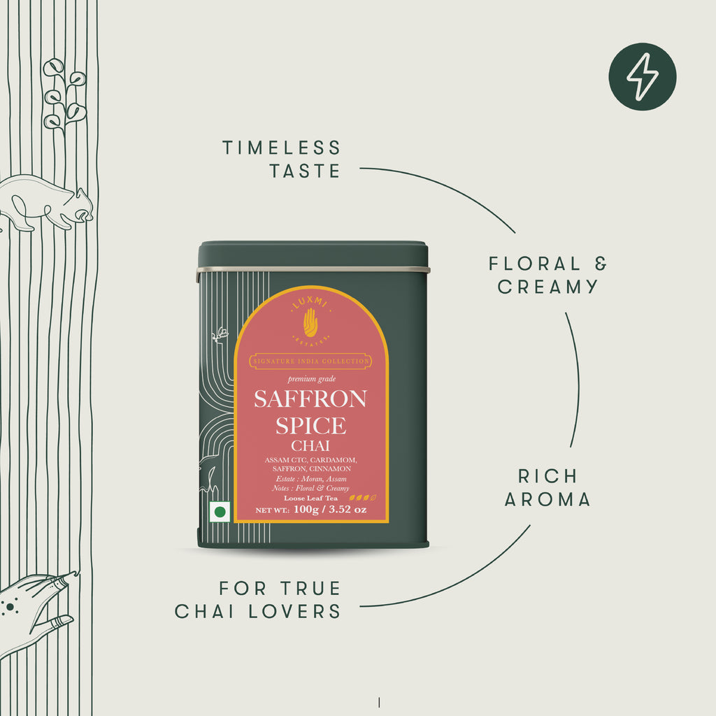 Saffron Spice Chai | 100 gm | Luxmi Signature Tea | Assam CTC, Cardamom, Saffron, Cinnamon