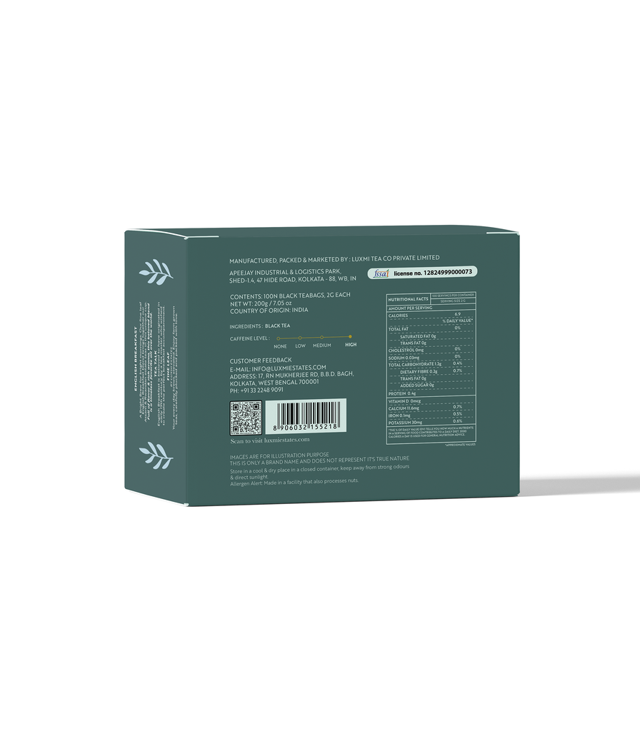 Luxmi Estates - Fine Leaf - English Breakfast | Black Tea | 100 Tea Bags *2g each | 200g Pack