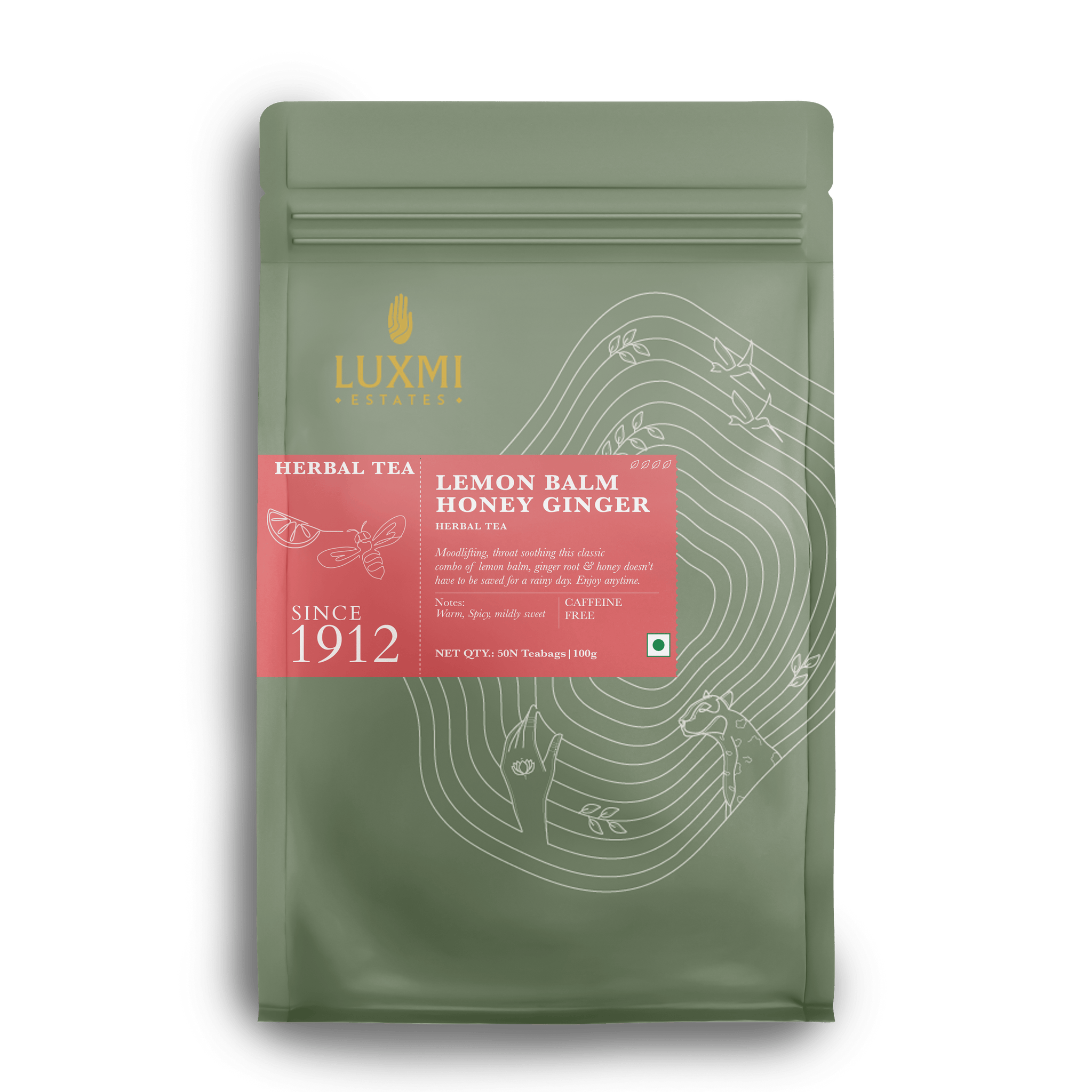 Lemon Balm Honey Ginger | 50 Tea Bags | Organic Herbal Tea - Luxmi Estates