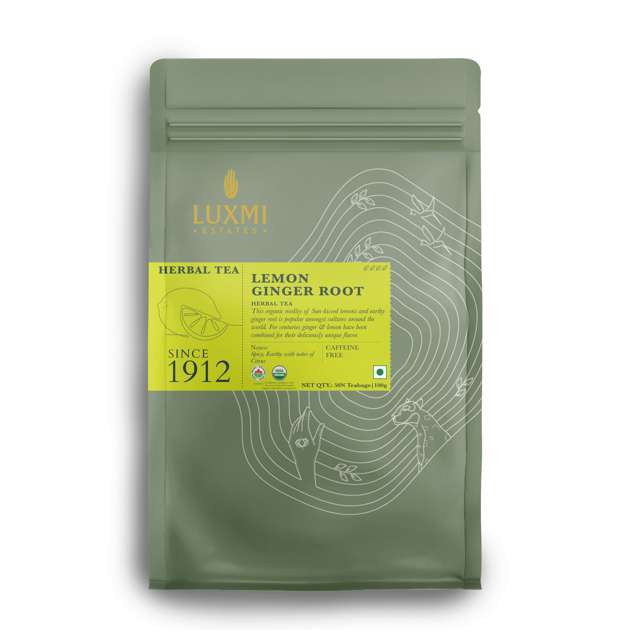 Lemon Ginger Root | 50 Tea Bags | Organic Herbal Tea - Luxmi Estates