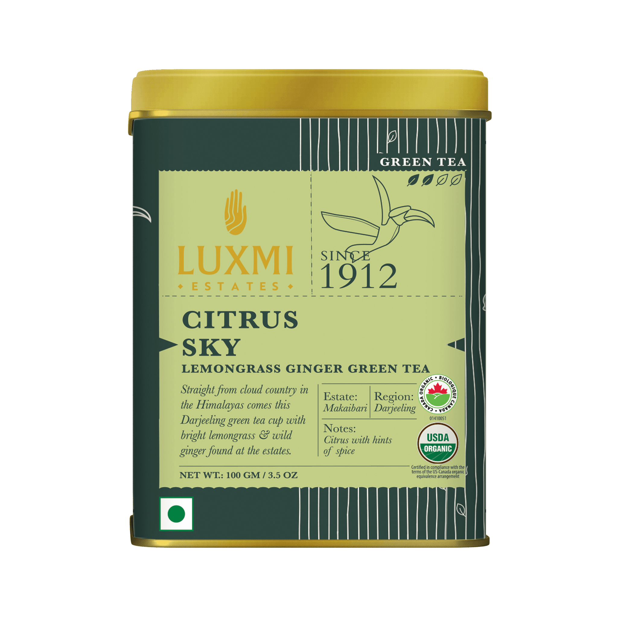Lemongrass Ginger Green Tea | 100gm | Organic Green Tea - Luxmi Estates