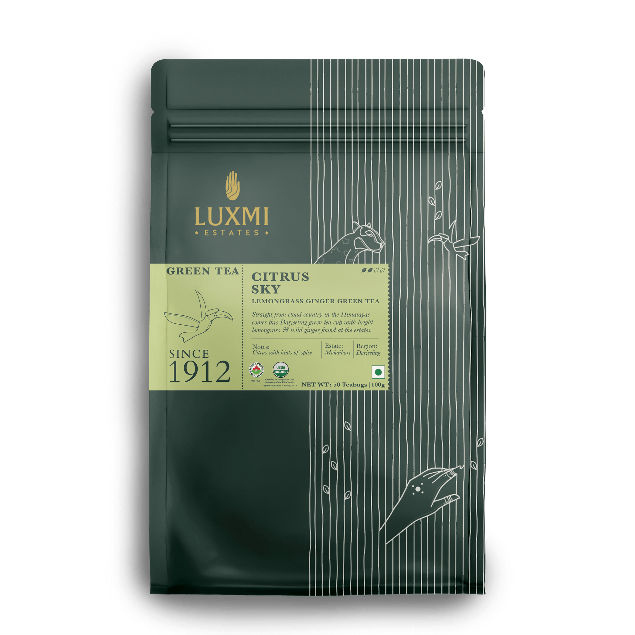 Lemongrass Ginger Green Tea | 50 Tea Bags | Organic Green Tea - Luxmi Estates