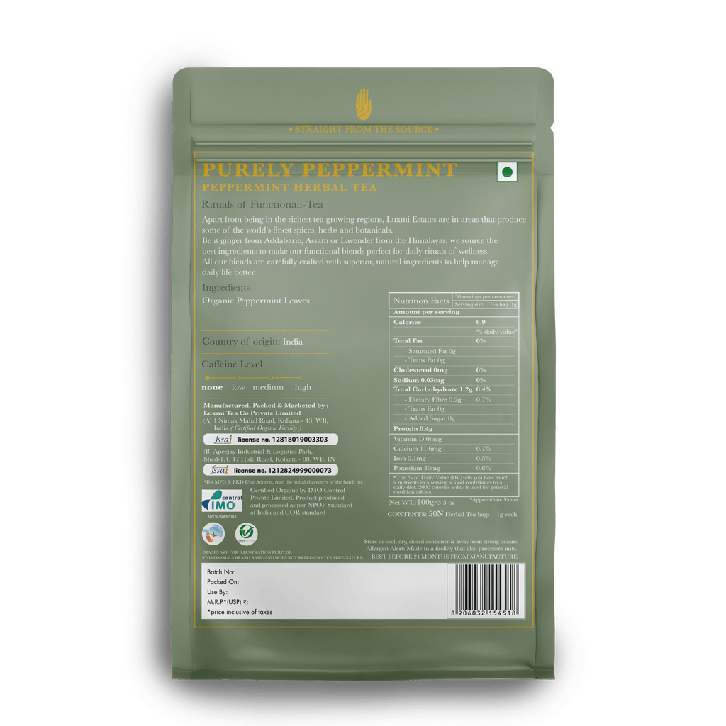 Purely Peppermint | 50 Tea bags | Organic Herbal Tea - Luxmi Estates