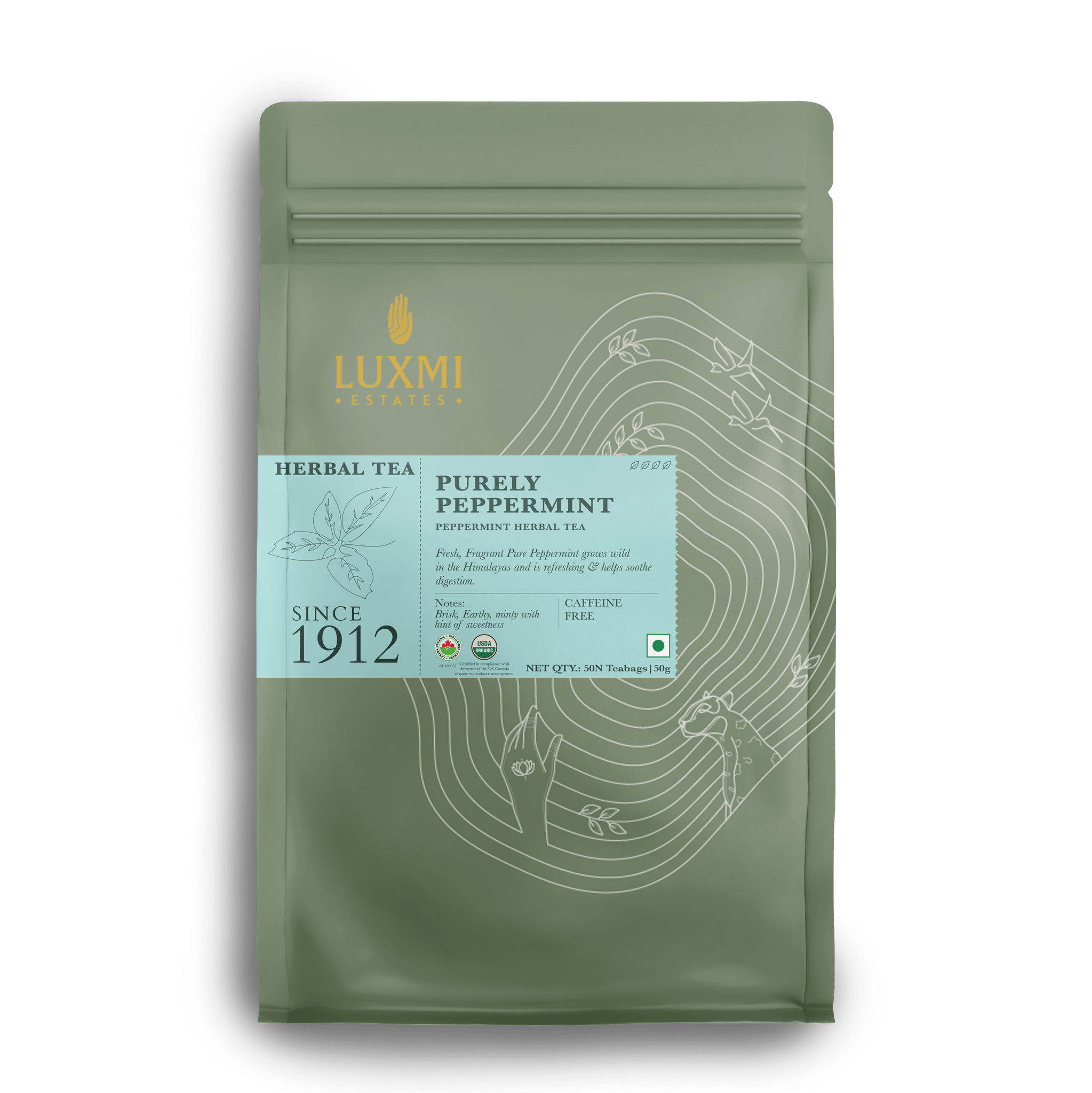 Purely Peppermint | 50 Tea bags | Organic Herbal Tea - Luxmi Estates