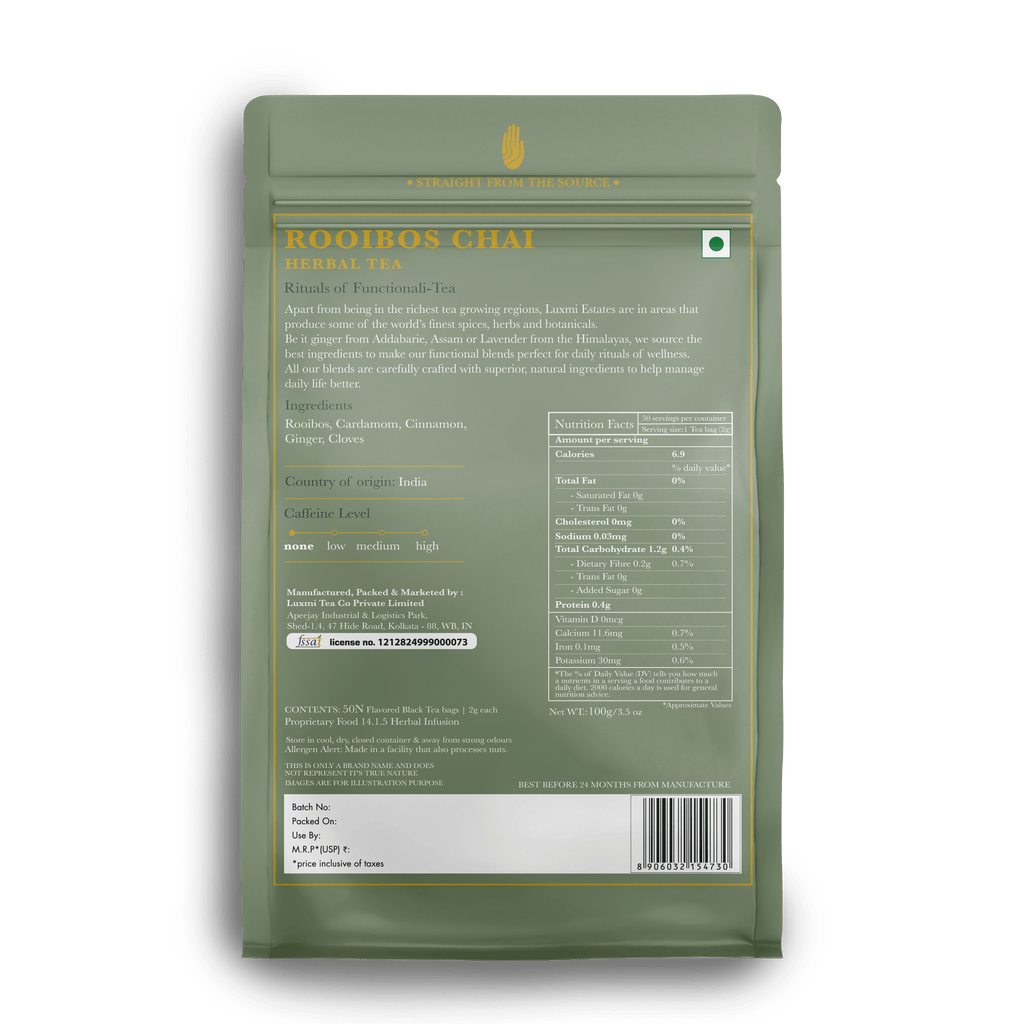 Rooibos Chai | 50 Tea Bags | Organic Herbal Chai - Luxmi Estates
