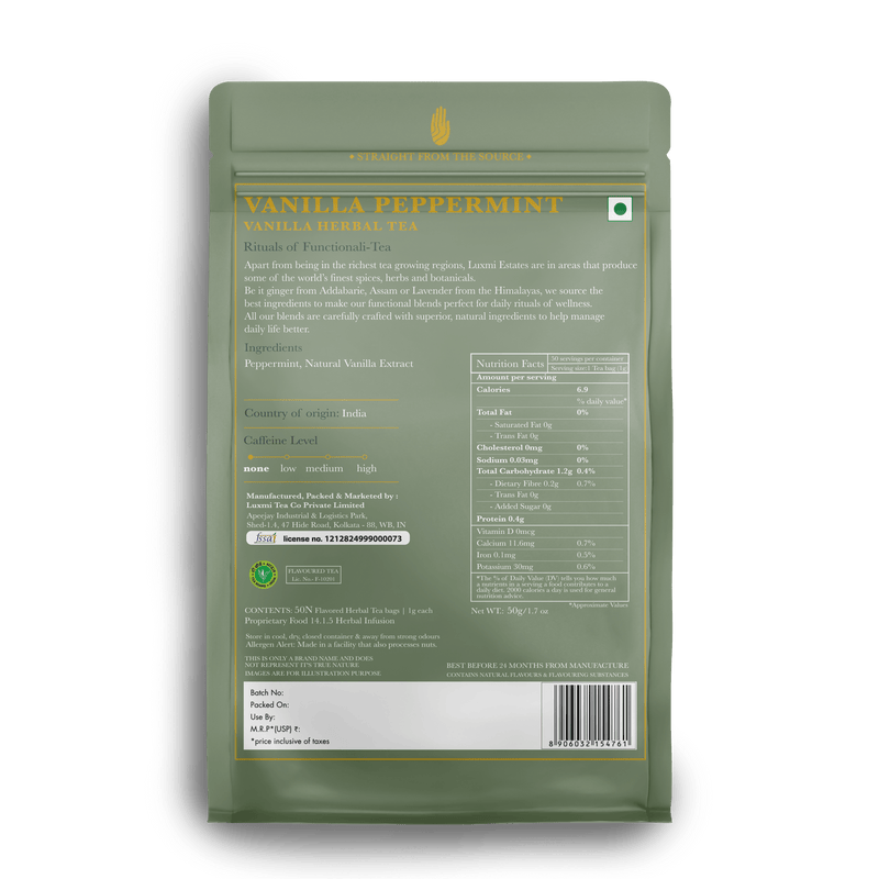 Vanilla Peppermint | 50 Tea Bags | Organic Herbal Tea - Luxmi Estates