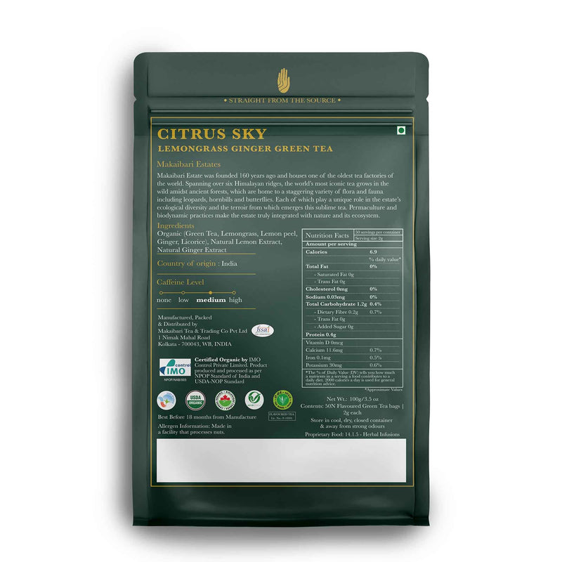 Lemongrass Ginger Green Tea | 50 Tea Bags | Organic Green Tea - Luxmi Estates