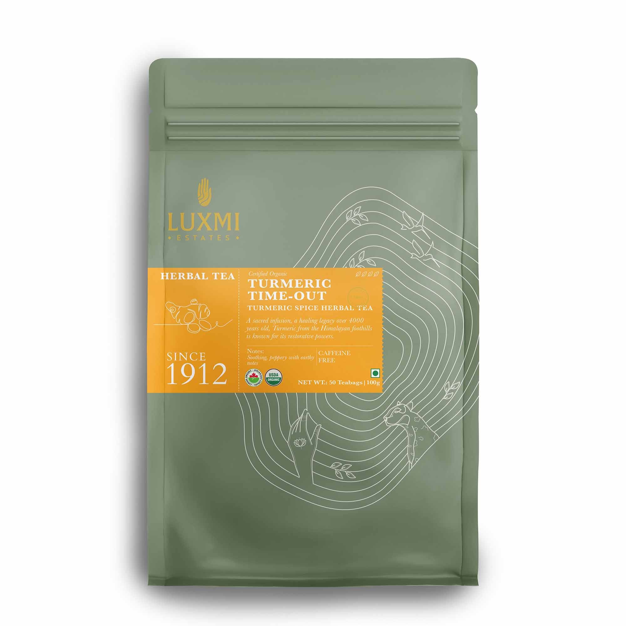 Turmeric Ginger | 50 Tea Bags | Organic Herbal Tea - Luxmi Estates